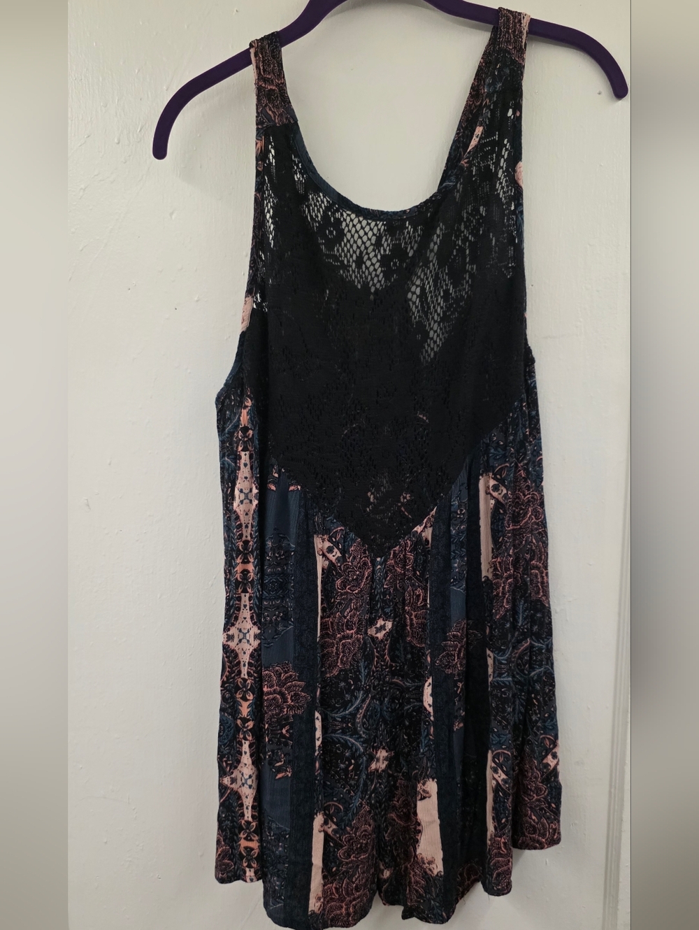 Free People Count Me In Trapeze Tunic Lace Boho Swing Top Black Combo S - Picture 2 of 10